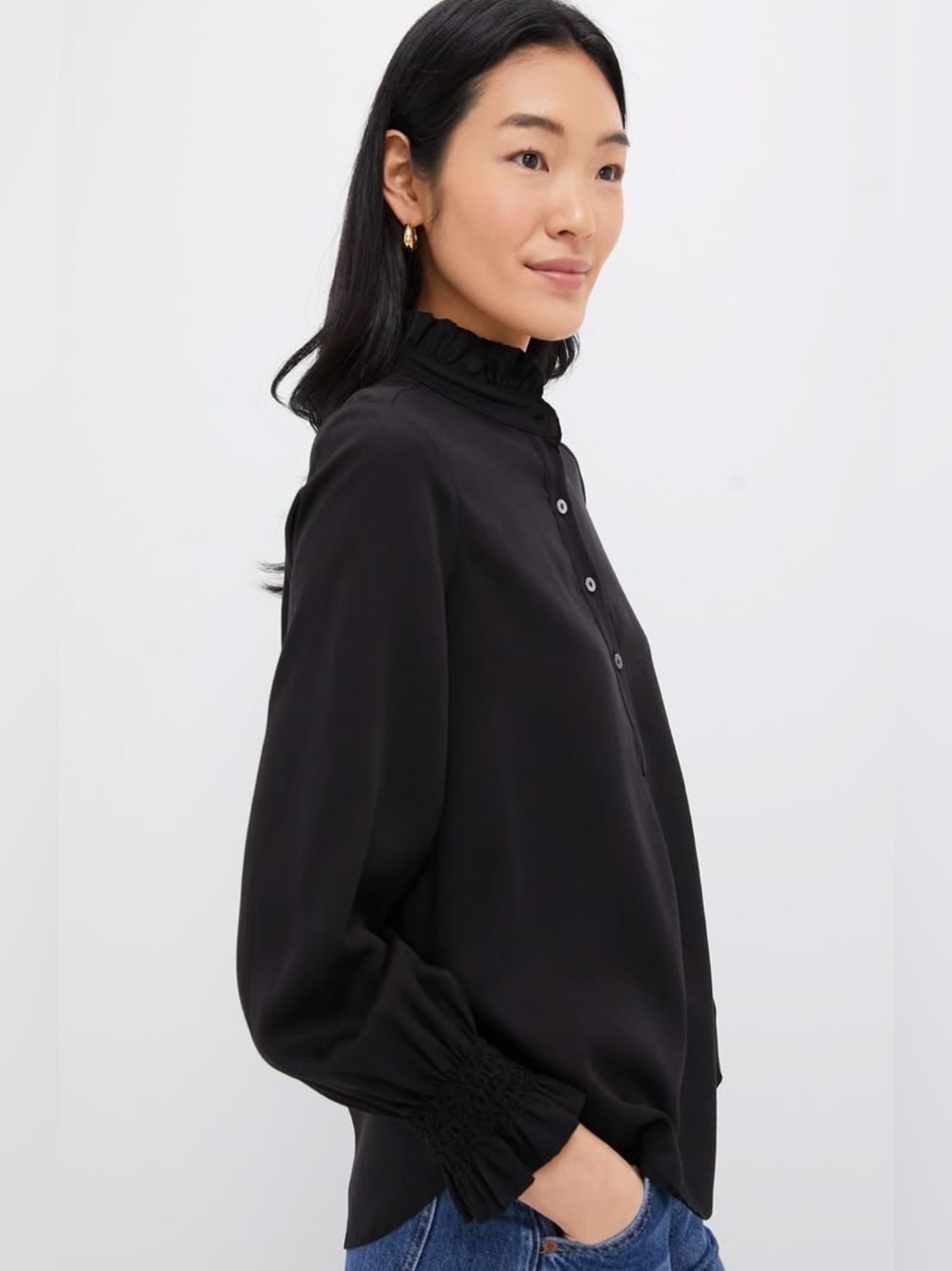 Tuckernuck Black Cotton Ruffle High Neck Smocked Cuff Blouse XXS